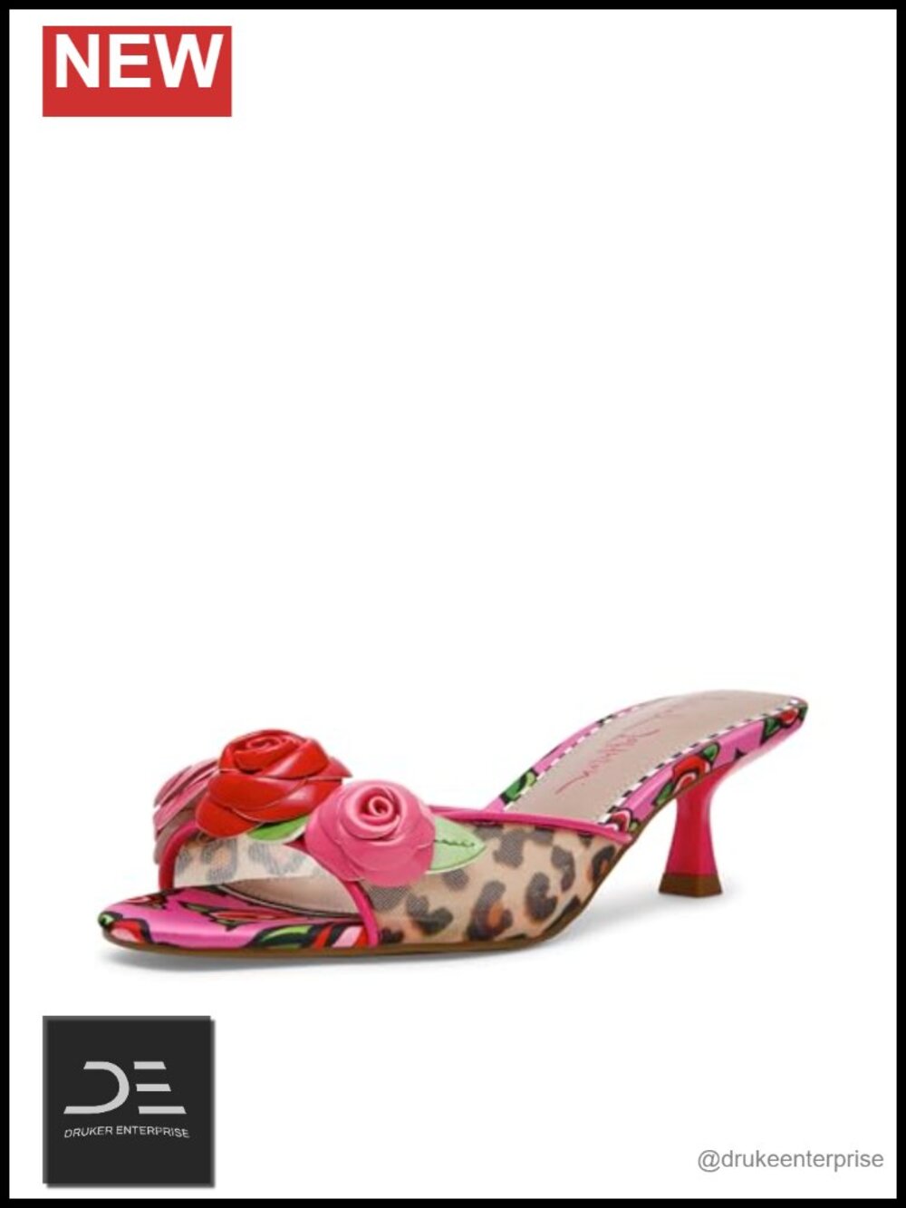 Leopard Print Kitten Heel Mule Sandals with 3D Floral Details
